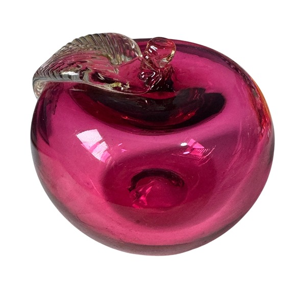 Other - Vintage Cranberry Pink Hand Blown Art Glass Apple Paperweight with Clear‎ Leaf